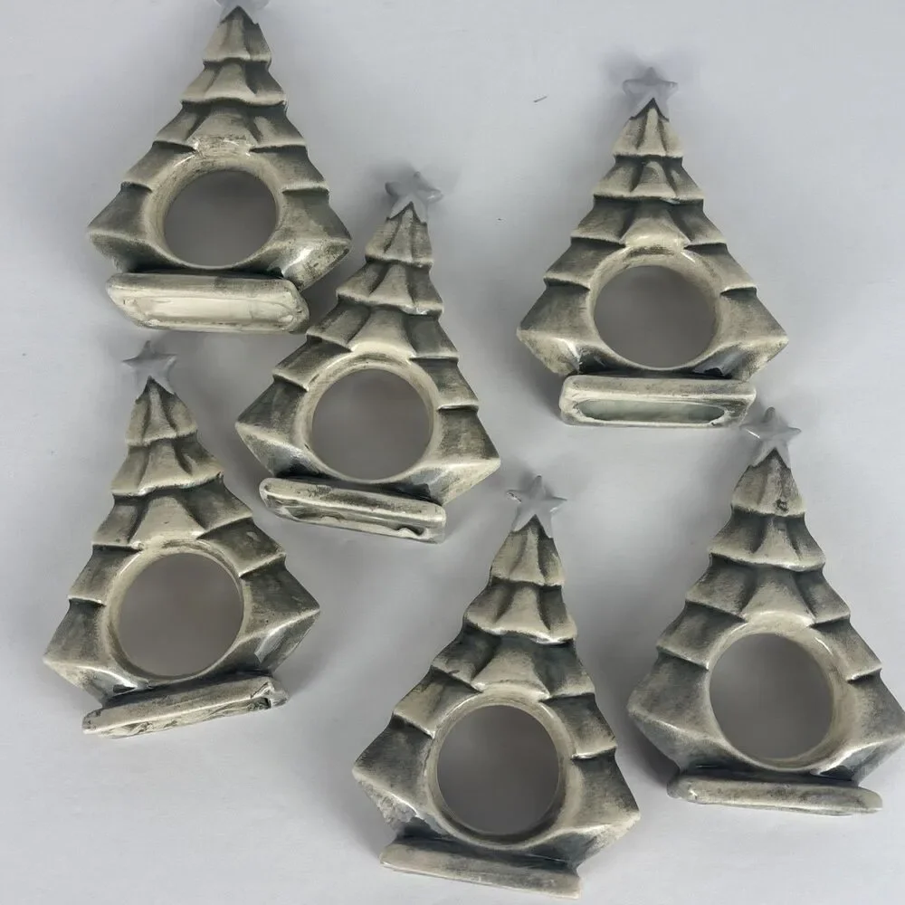 Ceramic Christmas Tree Holiday Napkin Rings Holders Set Of 6